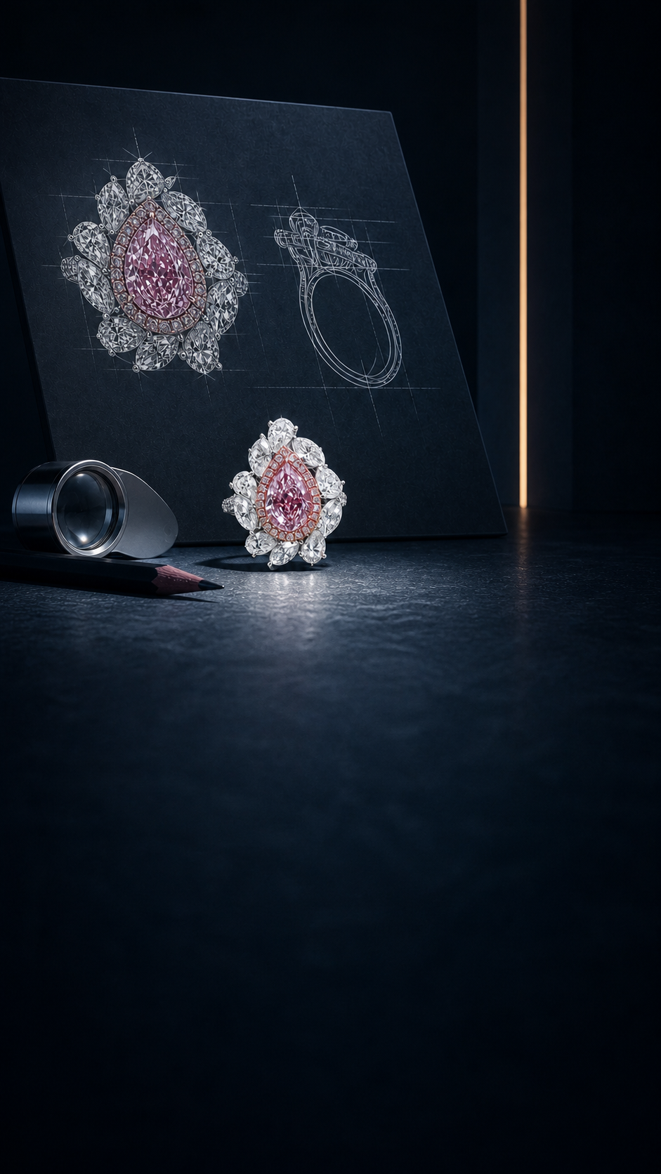 A bespoke pink diamond piece beside its original design drawing