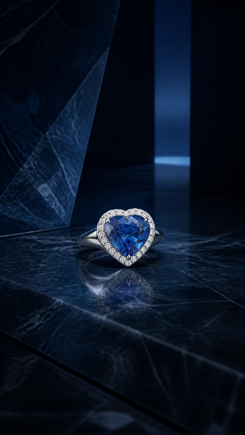 Heart shape sapphire ring in a midnight blue chamber