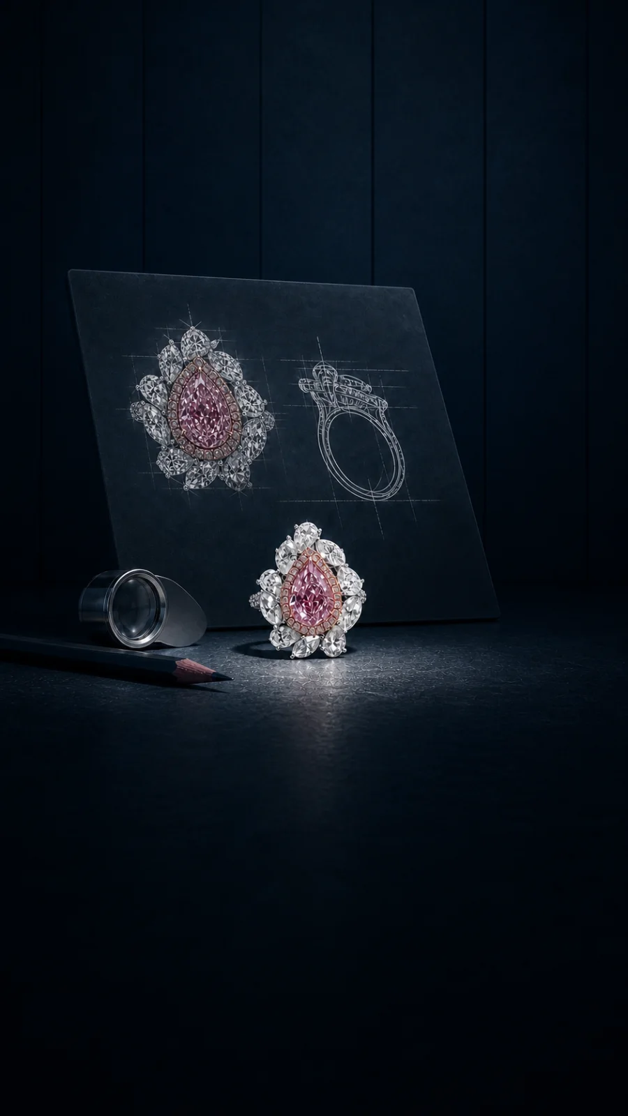 A bespoke pink diamond piece beside its original design drawing